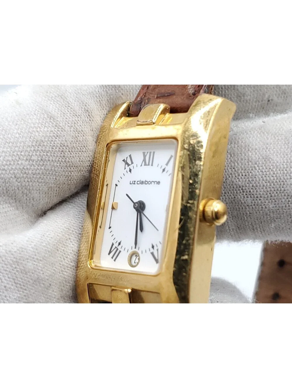 Liz Claiborne Quartz Watch Women New Battery Gold Tone White Date Dial Rectangle